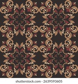Seamless vintage damask floral tile design in dark brown and earthy tones, perfect for textile prints and home decor.