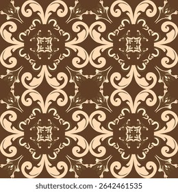 Seamless vintage damask floral tile design in brown, orange, and earthy tones, perfect for textile prints and home 