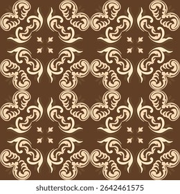 Seamless vintage damask floral tile design in brown, orange, and earthy tones, perfect for textile prints and home 