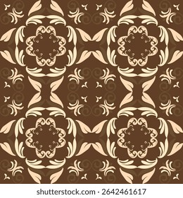 Seamless vintage damask floral tile design in brown, orange, and earthy tones, perfect for textile prints and home 