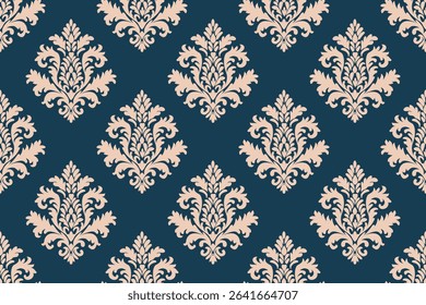 Seamless vintage damask pattern with elegant beige floral motifs on a deep navy blue background, perfect for classic wallpaper, textile, and luxury decor design.