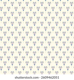 A seamless vintage damask pattern featuring elegant floral motifs in soft pastel shades of blue, lavender, and blush pink.Arranged in a structured and repetitive layout against a warm cream background