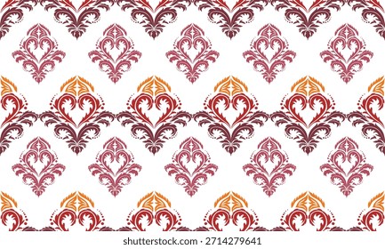Un patrón de damasco vintage sin fisuras con adornos florales y motivos de hojas en tonos rojos, burdeos y naranjas cálidos sobre un fondo blanco limpio. El diseño es simétrico, elegante y decorativo, sin

