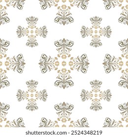 Seamless vintage damask pattern with floral elements and ornaments in gold and green shades on a white background. Perfect for interior design, textiles, wallpapers and home decor.