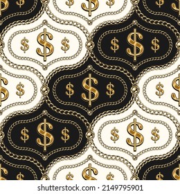 Patrón de damasco inmaculado con signo de dólar dorado, cadena, perlas. Composición diagonal. Ilustración de moda. Fondo clásico. Ilustración del vector