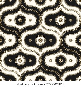 Seamless vintage damask pattern with gold chains, beads, circles. Diagonal composition. Classic background. Vector illustration