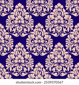 Nahtloses Vintage-Damast-Muster mit aufwändigen floralen und dekorativen Designs. Dieses klassische, elegante Design eignet sich perfekt für Tapeten, Textilien, Verpackungspapier und Inneneinrichtung. 