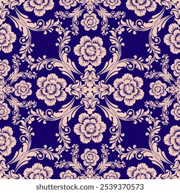 Seamless vintage damask pattern with intricate floral and ornamental designs. This classic, elegant design is perfect for wallpapers, textiles, wrapping paper, and interior decor. 