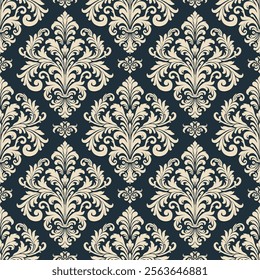 Seamless vintage damask pattern with intricate floral ornaments on a dark background, ideal for wallpapers, fabrics, luxury decor, and elegant designs.