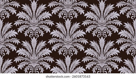 Seamless vintage damask pattern with intricate floral motifs on dark brown background, elegant baroque-style decorative wallpaper, detailed ornamental vector design for textile, fabric, and interior
