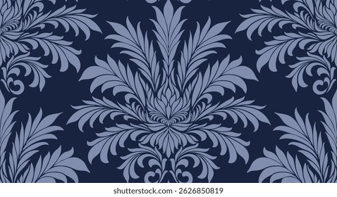 Seamless vintage damask pattern with intricate floral motifs on dark navy background, elegant baroque-style decorative wallpaper, detailed ornamental vector design for textile, fabric, and interior