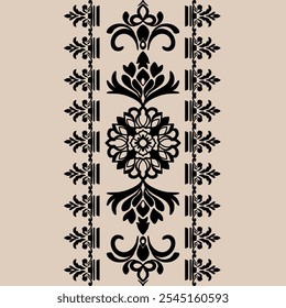 Seamless vintage damask pattern with ornate floral elements and decorative borders in black and beige. Classic Victorian style ornamental design for fabric, wallpaper and textile.