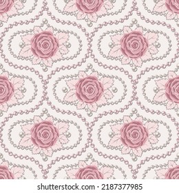 Seamless vintage damask pattern with with pale pink vintage roses, leaves, pearl strings, pearls beads. Classic background. Vector delicate illustration. Wedding, romantic decoration.