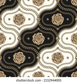 Seamless vintage damask pattern with realistic gold chain, beads, beige roses. Fashion illustration. Classic background. Vector