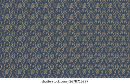 a seamless vintage damask pattern in a rich combination of deep blue and muted gold. The intricate, repeating floral and leaf motifs create a luxurious and classic look.