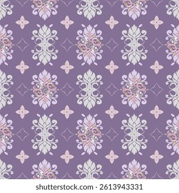 Seamless vintage damask pattern in soft purple tones, perfect for textile, wallpaper, and luxury product design. Elegant baroque floral ornament style in a symmetrical repeat format.