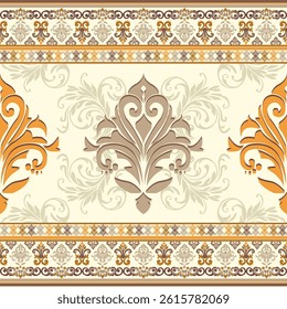 Seamless vintage damask pattern in soft yellow and brown tones, perfect for textile, wallpaper, and luxury product design. Elegant baroque floral ornament style in a symmetrical repeat format.