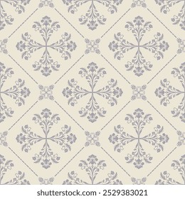 Seamless vintage damask tile pattern in soft pastel tones with ornate floral elements, perfect for wallpaper, textile design, interior decor, packaging, and elegant decorative projects.