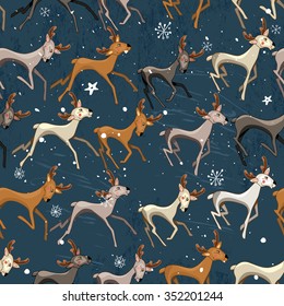 Seamless vintage dark blue pattern with galloping deers. Endless texture for your design, announcements, greeting cards, postcards, posters.