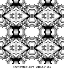Seamless Vintage Decorative Filigree Scroll Work Repeating Background Pattern Design- Ornate Flowery Elegant Retro Lattice Leaves and Flowers - Vector Illustration
