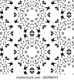 Seamless vintage decorative pattern with a black circular geometric pattern on a white background. Medallion, mandala, yoga, india, arabic Hand drawing.