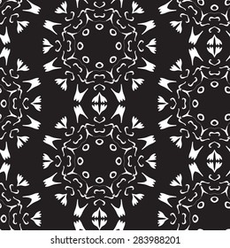 Seamless vintage decorative pattern with white circular geometric pattern on a black background. Medallion, mandala, yoga, india, arabic. Hand drawing.