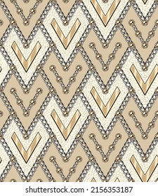 Seamless vintage diagonal pattern with gold chains, beads. Geometric rhombus grid like a squama, shingles.Textured cells. Classic background. Vector illustration