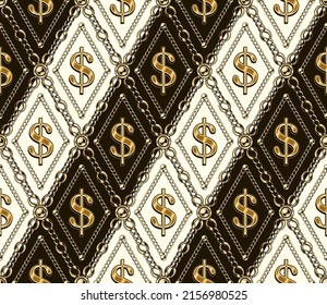 Seamless vintage diagonal pattern with gold dollar sign, chain, beads. Geometric rhombus grid. Classic black and white background. Vector illustration