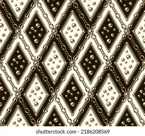 Seamless vintage diagonal pattern with rhombus grid, gold chain, beads, buttons. Geometric classic black and white background. Vector illustration