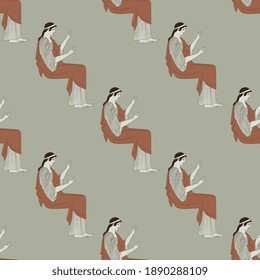 Seamless vintage diagonal pattern with seated ancient Greek goddesses or women. Vase painting style.