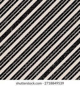 Seamless vintage diagonal stripe pattern featuring textured black and cream bands. This gritty, weathered vector illustration is a tileable background perfect for textiles, rustic decor, and retro-style design projects
