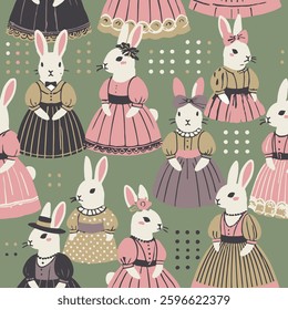 Seamless Vintage Dressed Rabbits Pattern – Vector Illustration
