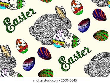 Seamless Vintage Easter Bunny pattern on beige vector background. Zentangle stylized hand drawn bunny & colored egg vector illustration. Cloth design. Used for wallpaper, web page background.