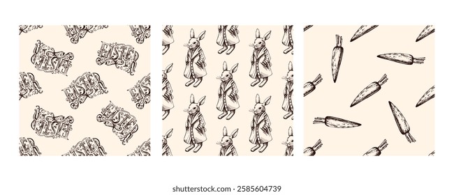 Seamless vintage Easter patterns with hand-drawn lettering, rabbit, and carrot in brown on beige background

