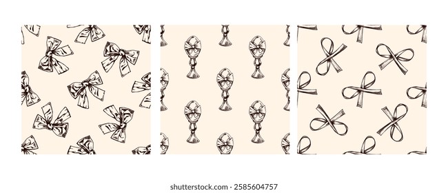 Seamless vintage Easter patterns with hand-drawn bows, egg cups, and ribbons in brown on beige background

