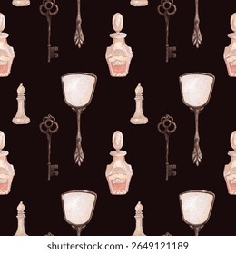 Seamless Vintage Feminine Pattern – Hand Mirror, Perfume Bottle, Antique Key, Chess Piece – Watercolor Elegant Repeat. Elegant feminine background. Dark background for decoration.