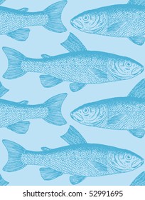 Seamless vintage fish drawings pattern, vector illustration. Engraving style sea life background. Retro element for your design.