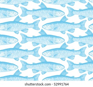 Seamless vintage fish drawings pattern, vector illustration. Engraving style sea life background. Retro element for your design.