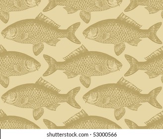 Seamless vintage fish drawings pattern, vector illustration. Engraving style sea life background. Retro element for your design.