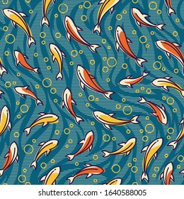Seamless vintage fish and waves vector pattern.
