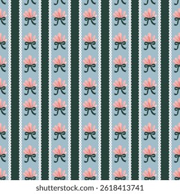 Seamless Vintage Floral Bow Stripe Pattern in Pink and Blue