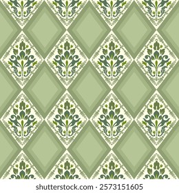 A seamless vintage floral damark pattern with green leaves for wallpaper or fabric design