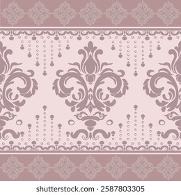 Seamless vintage floral damask pattern with border ornament design. Vector illustration.
