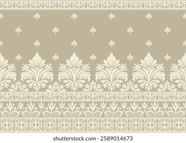 Seamless vintage floral damask pattern with border and geometric ornament design. Vector illustration