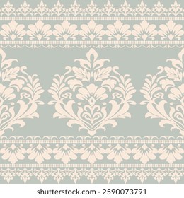 Seamless vintage floral damask pattern with border and geometric ornament design. Vector illustration