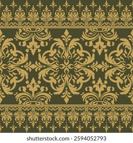 Seamless vintage floral damask pattern with border and geometric ornament design. Vector illustration