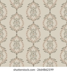 Patrón de damasco floral vintage sin fisuras con curvas ornamentales y hojas delicadas en tonos beige pastel, gris y melocotón, elegante diseño de Fondo de pantalla o tela.