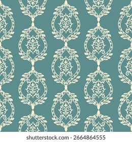 Patrón de damasco floral vintage sin fisuras con curvas ornamentales y hojas delicadas en tonos beige pastel, verde y melocotón, elegante diseño de Fondo de pantalla o tela.