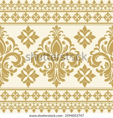 Seamless vintage floral damask pattern with border and geometric ornament design. Vector illustration