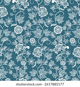 Padrão de renda floral vintage sem costura com flores brancas elegantes e folhas girando em um fundo escuro azul-petróleo. Design decorativo perfeito para têxteis, papéis de parede, estampas de moda e temas de casamento.